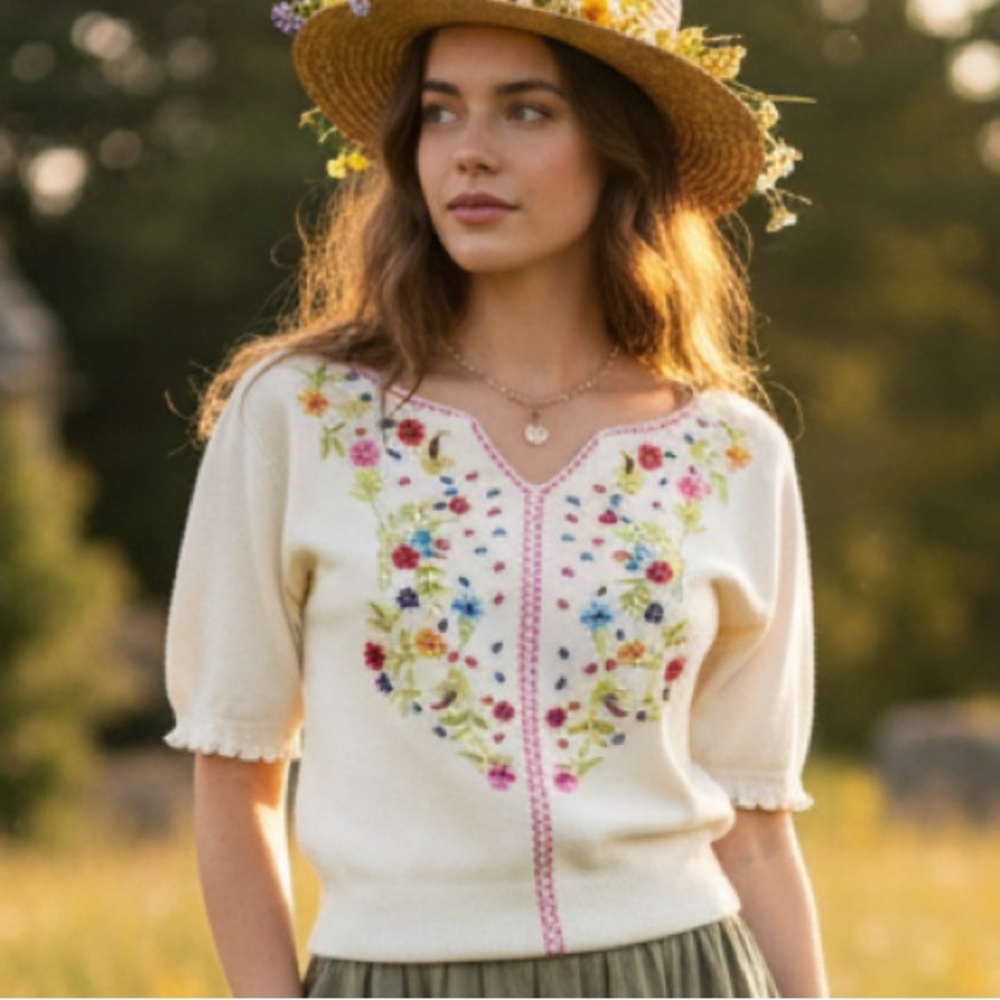 Joseph Cream Knit Top with Multicolor Floral Embroidery